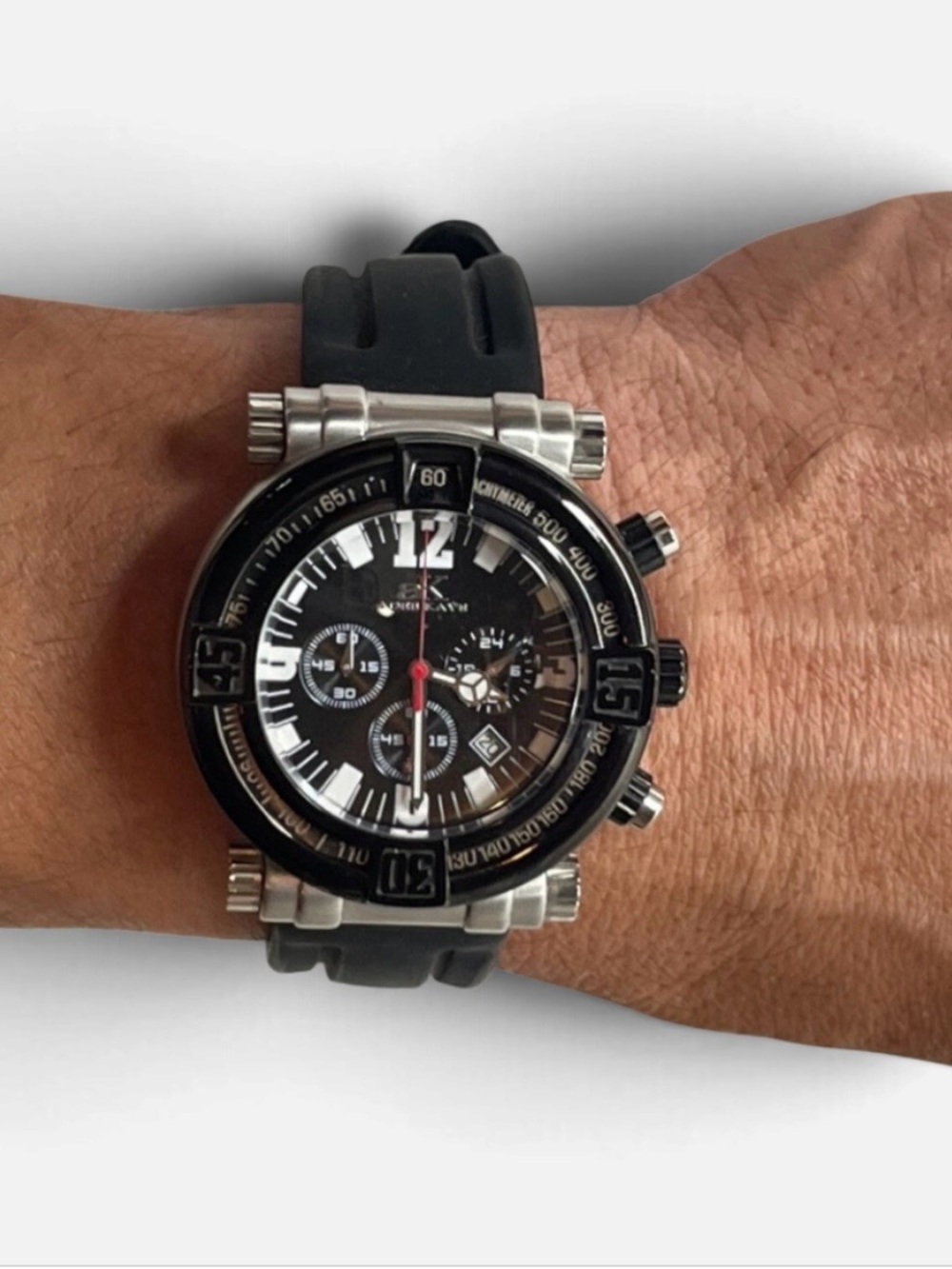Adee Kaye Revo Sport Chronograph Watch 47mm Black Dial Rubber Strap Quartz